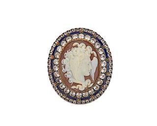 Gilt Metal, Carved Shell Cameo, Enamel, and Paste Brooch