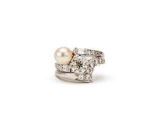 Platinum, Diamond, and Pearl Ring and Band