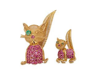 Two TIFFANY & CO. 18K Gold and Gemset Cat Brooches