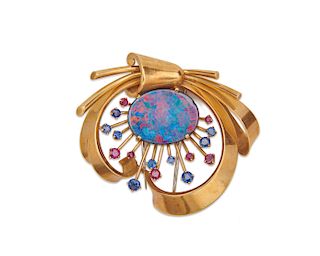 18K Gold, Black Opal, Sapphire, and Ruby Brooch
