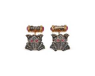 18K Gold, Silver, Diamond, and Ruby Frog Cufflinks
