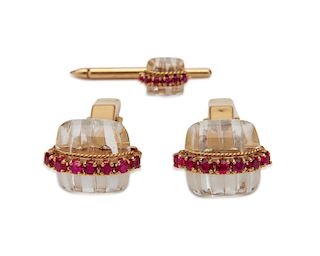 CARTIER 18K Gold, Rock Crystal, and Ruby Cufflinks