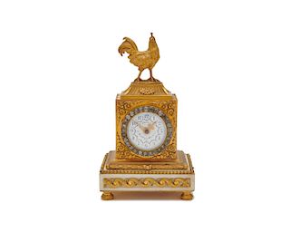 Louis XVI Style Gilt Bronze, Rhinestone and Marble Desk Clock, with rooster finial