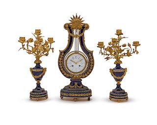Louis XVI Style Ormolu Mounted Cobalt Blue Enamel and Rhinestone Lyre Clock Garniture Set
