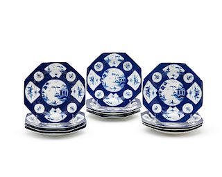 Set of Twelve Blue and White Bow Porcelain Octagonal Plates