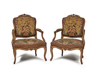 Pair of Louis XV Style Tapestry Upholstered Armchairs