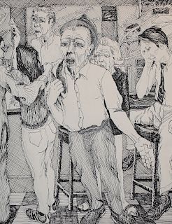 20th C. Figural Ink Sketch of a Bar Scene