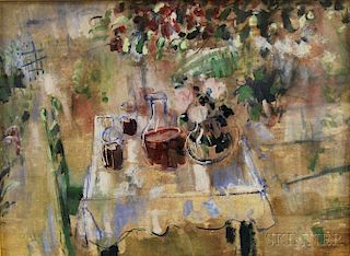Karl Zerbe (American, 1903-1972)      Table Still Life in a Garden Setting.