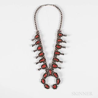 Navajo Silver and Coral Squash Blossom Necklace