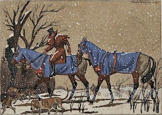 Attributed to Maurice Taquoy (French, 1878-1952)    Horses and Hounds in Falling Snow
