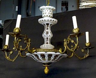 BOHEMIAN WHITE CUT TO CLEAR GLASS 5 ARM CHANDELIER