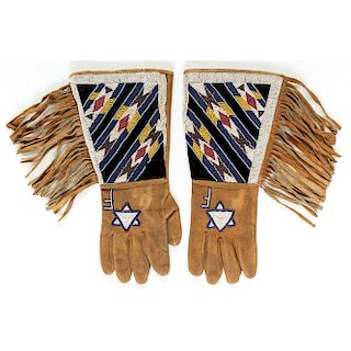 Northern Plains Monogrammed and Beaded Hide Gauntlets