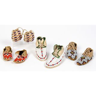Collection of Children's Beaded Hide Moccasins and Possible Bags