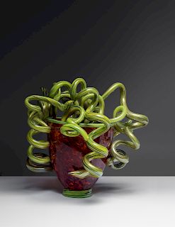 Dale Chihuly with Lino Tagliapietra 
(American, b. 1944 | Italian b. 1934)
Red and Green Venetian Vase, 1999 together with Chihuly book, signed and il