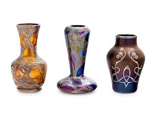Art Nouveau Style
America, Early 20th Century
Collection of Three Silver Overlay Vases