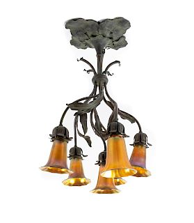Art Nouveau
American, Early 20th Century
Six Light ChandelierWith Iridescent Shades by Quezal