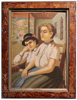 Signed, Early 20th C. Painting of Woman w/ Boy