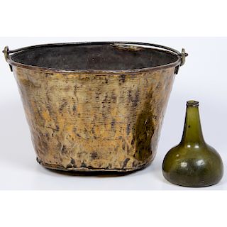 Fur Trade Era Brass Kettle and Glass Onion Bottle, From the Collection of Mike Johnson, Wisconsin