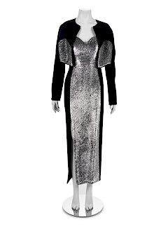 Geoffrey Beene Black Dress and Jacket with Silver Panne Velvet, 1980-90s