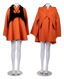 Two Geoffrey Beene Orange Mohair Coats with Vests, Fall 1993