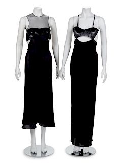Two Geoffrey Beene Panne Velvet Cut-Out Dresses, 1994-95