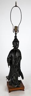 Chinese Bronze Deity Statue on Wood Base, as Lamp