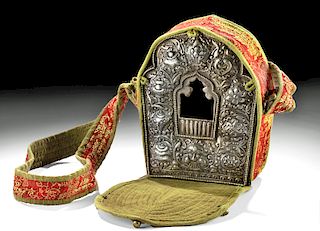20th C. Tibetan Brass Gau Prayer Box w/ Cloth Case
