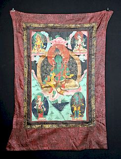 19th C. Tibetan Thangka Painted on Canvas w/ Green Tara