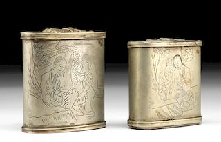 Chinese Qing Brass Snuff Boxes w/ Erotic Scenes (pr)