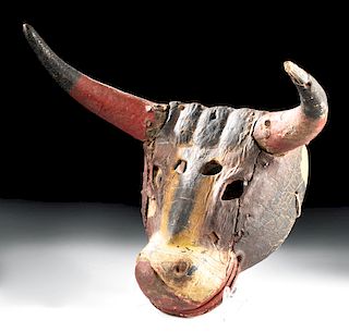 Early 20th C. Guatemalan Painted Wood Bull Mask