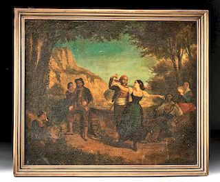 19th C. British Genre Oil Painting - Country Dancers
