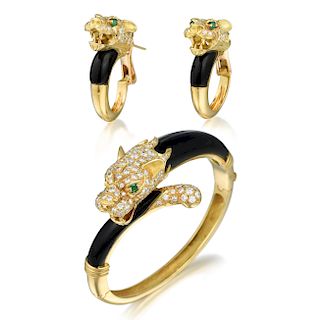Diamond and Emerald Panther Head Bangle and Earrings Set, French