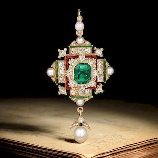 Victorian 2.29-Carat Colombian No-Oil Emerald and Pearl Pendant
