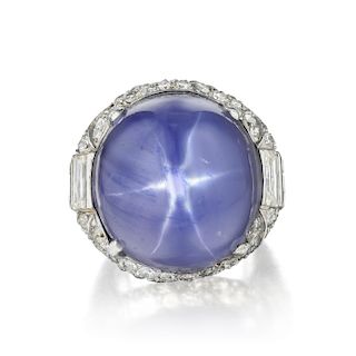79.57-Carat Cabochon Ceylon Unheated Star Sapphire and Diamond Ring
