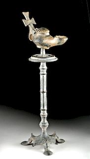 Late Roman / Byzantine Leaded Bronze Lamp + Lamp Stand