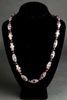 Silver & Amethyst Oval Cabochons & Beads Necklace
