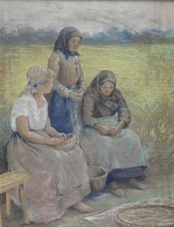Illegibly Signed Pastel on Paper of Three Peasant