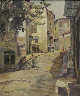 KRASZNAY, G. Oil on Canvas. Street Scene.