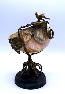 BRONZE FIGURAL MOTHER OF PEARL INLAID SHELL 
