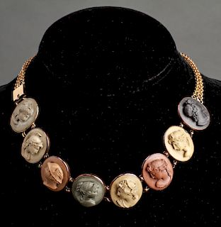 14K Gold Carved Lava Cameos 8 Greek Busts Necklace
