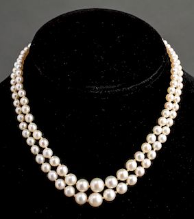 14K Gold Double Strand Graduated Pearls Necklace