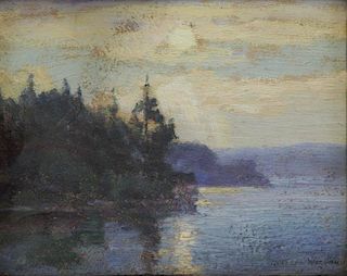 WIEGAND, Gustave. Oil on Wood. Lake Landscape.