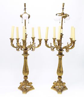 Neoclassical Gilt Bronze Candelabra Table Lamps Pr