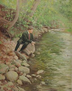 MOORE, Smith. Oil on Canvas. Boy Fishing.
