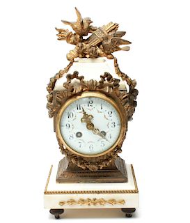 French Gilt Metal & White Marble Mantel Clock