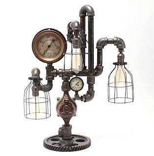 Industrial Steampunk Table Lamp w Pipes & Gauges