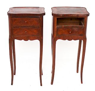 French Exotic Wood Inlay 2-Drawer Side Tables Pair