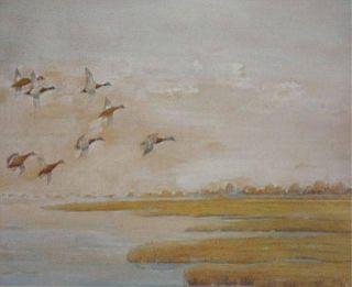 BENSON, Frank W. Watercolor of Ducks in Flight.