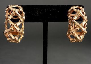 14K Gold Bamboo Lattice Motif Earrings, Pair