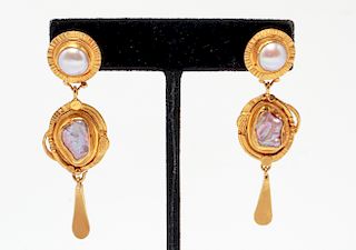 22K & 18K Yellow Gold & Pearls Dangle Earrings Pr